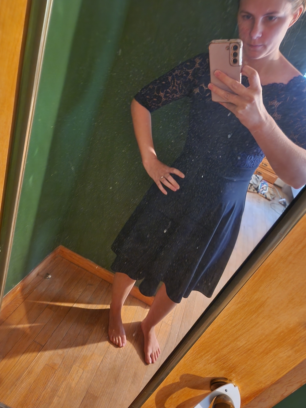 Scalloped Lace Fit-and-Flare Midi Dress in Navy